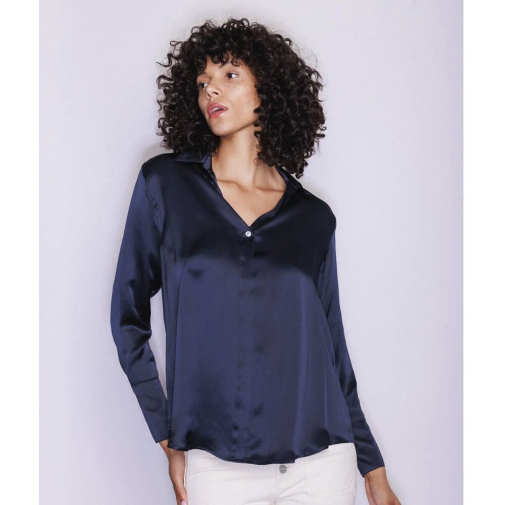 CATHERINE GEE Daria French Cuff Silk Blouse L Midnight Navy Long Sleeve Collar